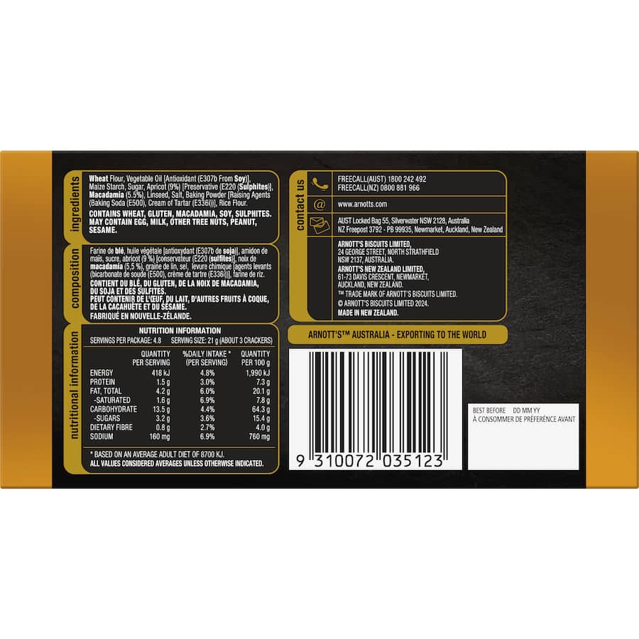 Arnotts Lightly Toasted Crackers Apricot & Macadamia 100g