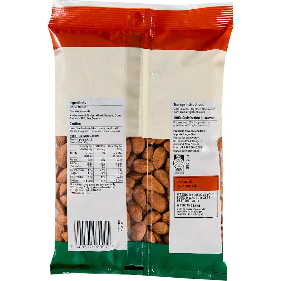 Woolworths Almonds Raw 500g