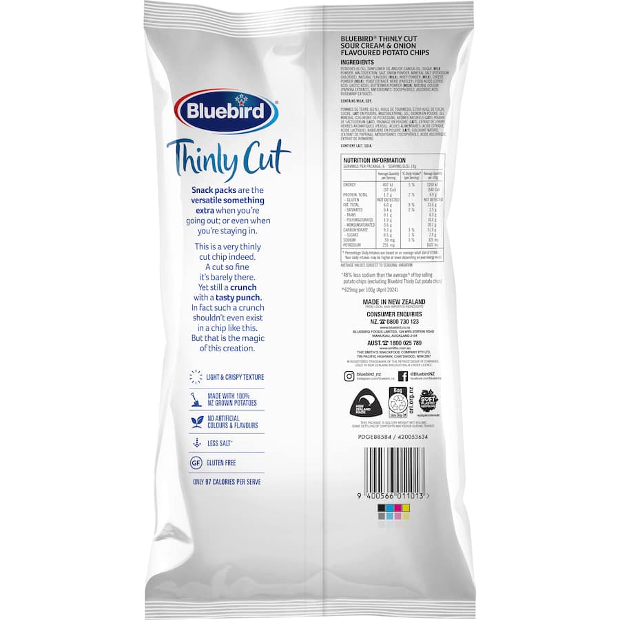 Bluebird Thin Cut Chips Sour Cream & Onion 6 pack 108g
