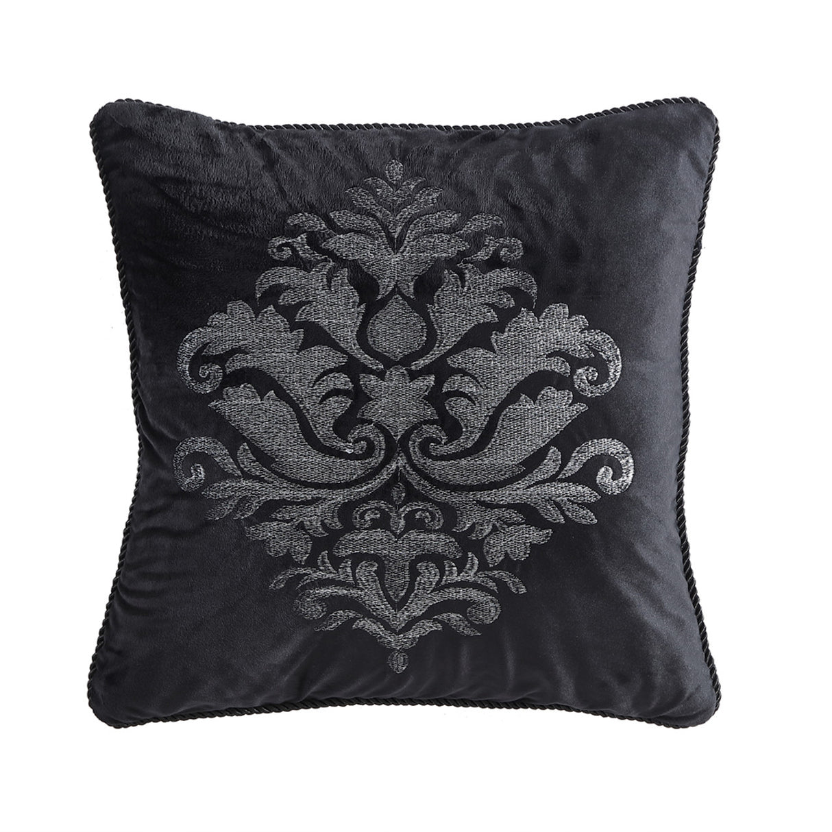 Elegant Chamonix silver embroidered square cushion with reversible damask and stripe designs, perfect for luxury decor.