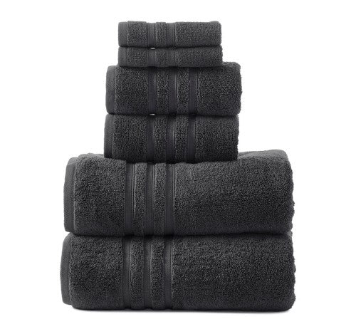 Charcoal cotton towel set with 575 GSM, includes 2 bath towels, 2 hand towels, and 2 face washers, soft and absorbent.