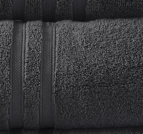 Charcoal cotton towel set with 2 bath, 2 hand, and 2 face towels, featuring high absorbency and luxurious softness.