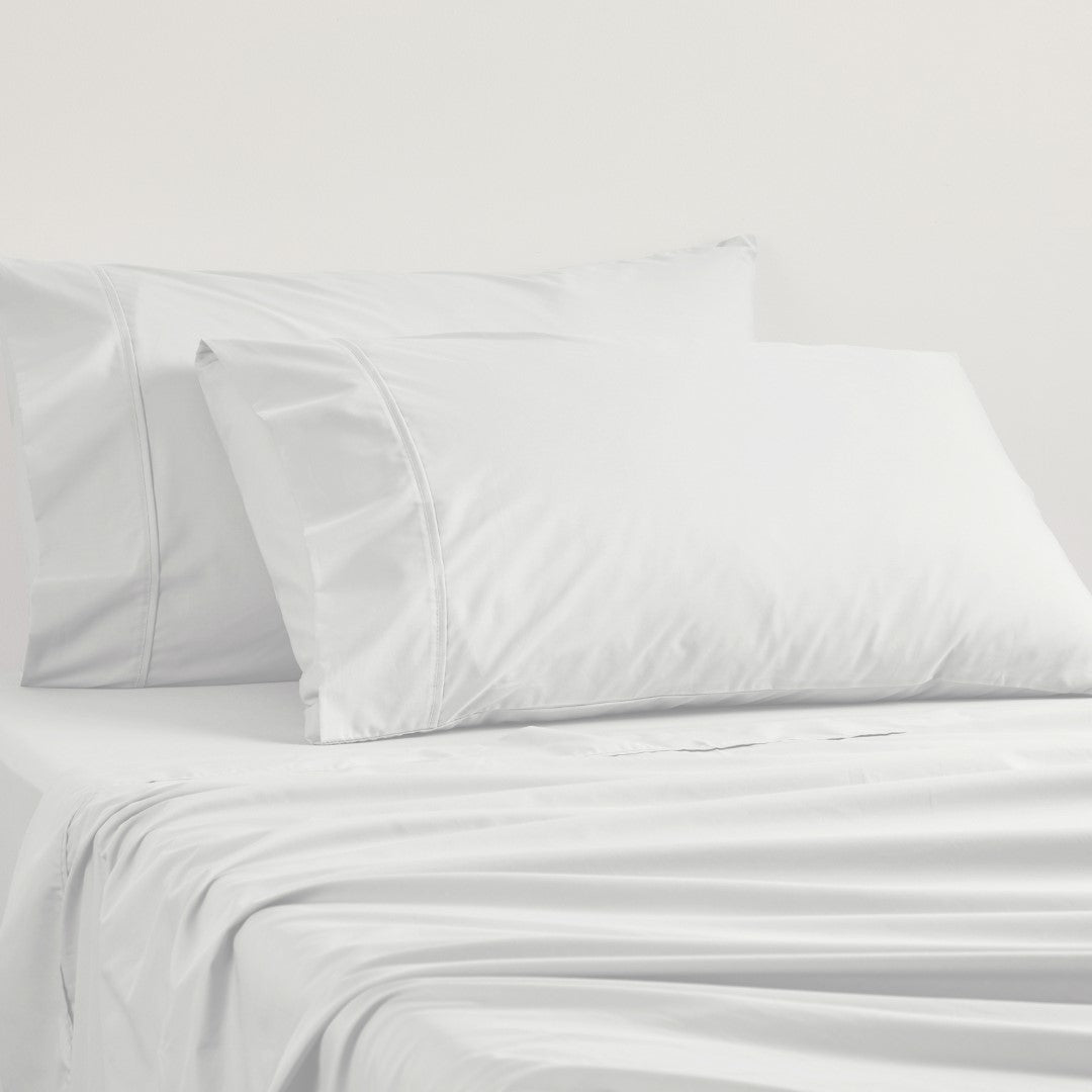 Logan and Mason silver sheet set, 250TC, poly/cotton percale, soft and durable, elegant cuffing, fits King Single beds.