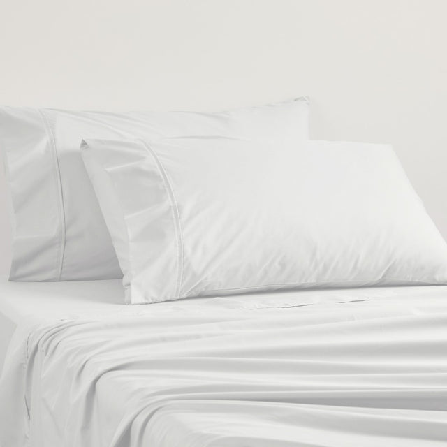 Logan and Mason silver sheet set, 250TC, poly/cotton percale, soft and durable, elegant cuffing, fits King Single beds.