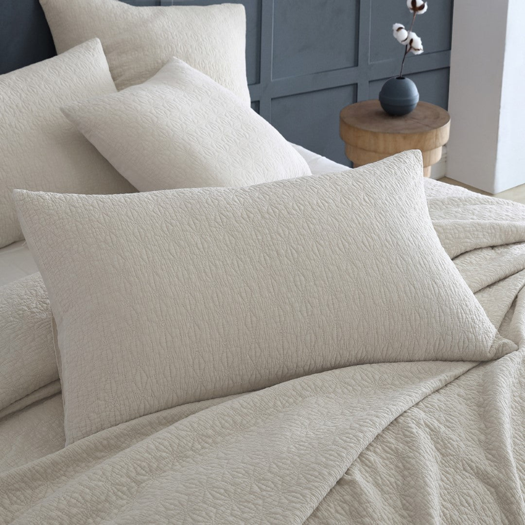 Kayo Linen Pillowsham Pair featuring modern geometric embroidery in stone and charcoal, 100% cotton for chic bedroom decor.