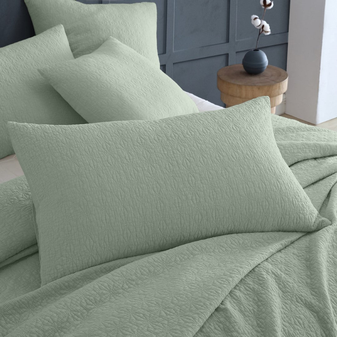 Elegant Kayo Sage Pillowsham Pair, featuring geometric embroidery, 100% cotton for comfort, and a versatile stonewashed design.