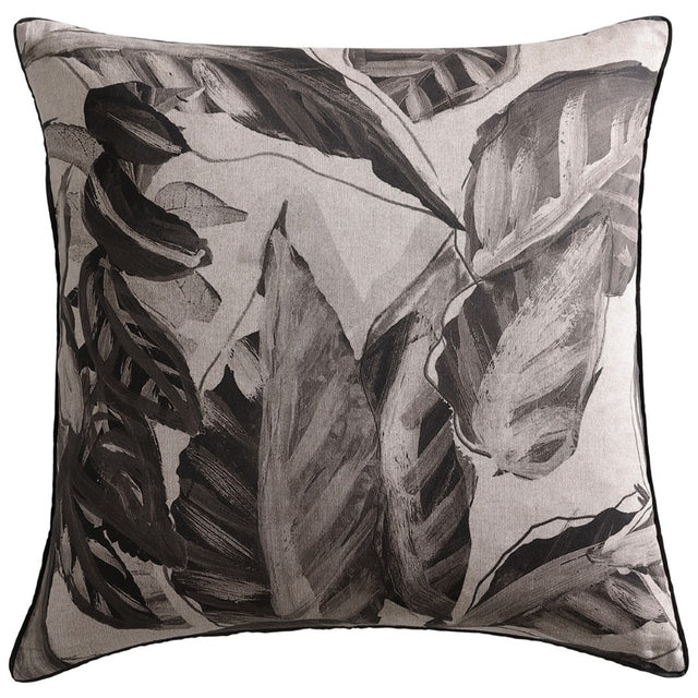 Logan Mason Elio Black European Pillowcase featuring exotic foliage design on soft cotton sateen, measuring 65cm x 65cm.