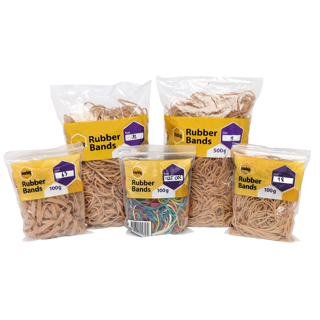 Marbig Size 34 rubber bands in 500gm bag, ideal for organizing and bundling with strength and flexibility.