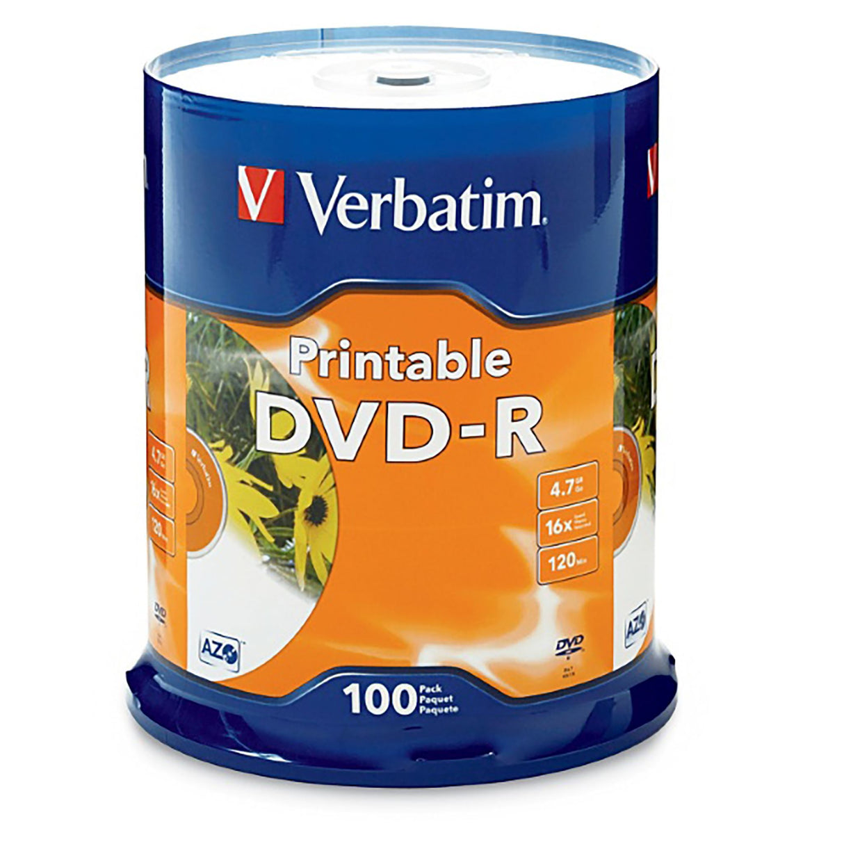 Verbatim DVD spindle with 100 4.7GB DVDs, ideal for recording, archiving, and personalized printing.