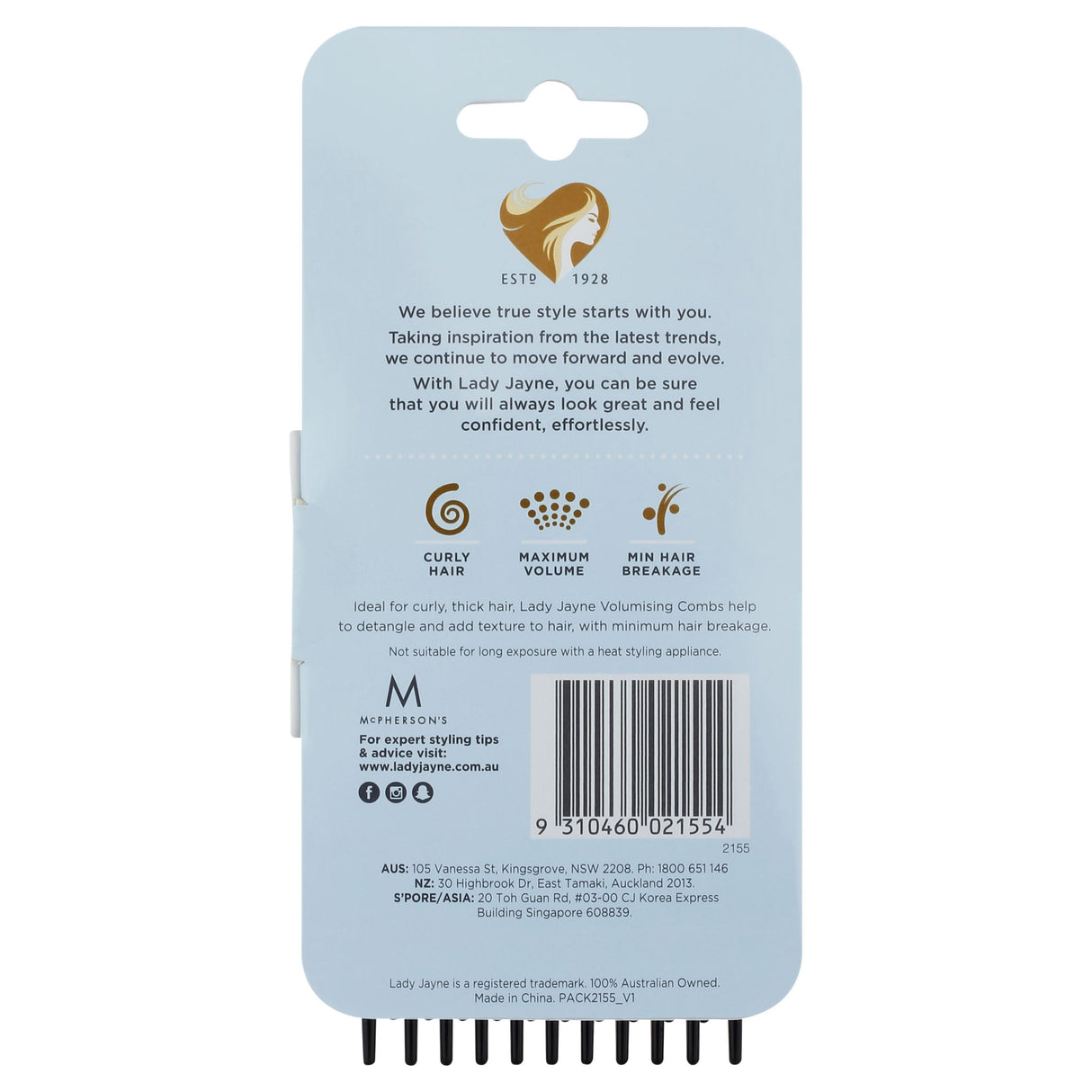 Lady Jayne Afro Comb 2 Pack for effortlessly styling and defining curly hair with wide, rounded teeth for volume.