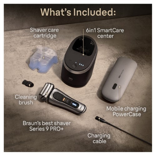 Braun Series 9 Pro+ Wet & Dry Shaver with 6-in-1 SmartCare Center and PowerCase for efficient, precise grooming.