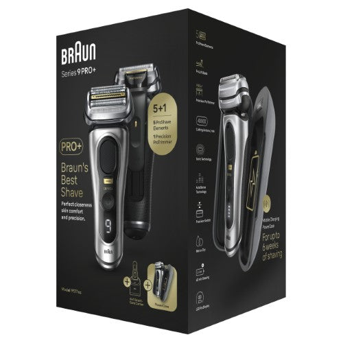 Braun Series 9 Pro+ Wet & Dry shaver with SmartCare Center and PowerCase for precision grooming and 90 minutes cordless use.