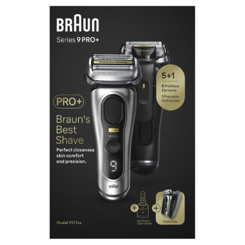 Braun Series 9 Pro+ Wet & Dry Shaver with SmartCare center, featuring 6-in-1 technology and mobile PowerCase for travel.