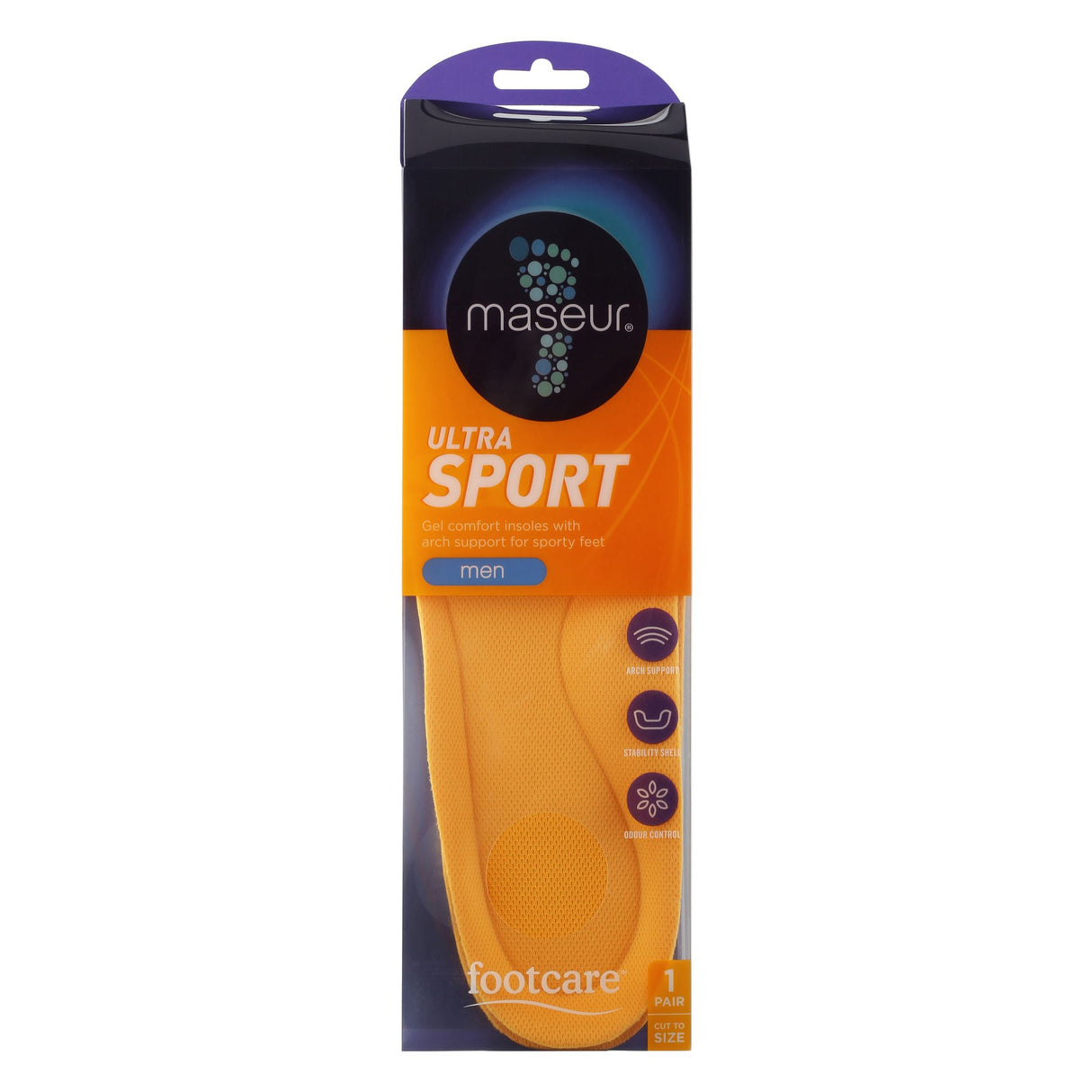 Footcare Men's Ultra Sport Insoles offer gel comfort, arch support, and stability for active lifestyles in roomy footwear.