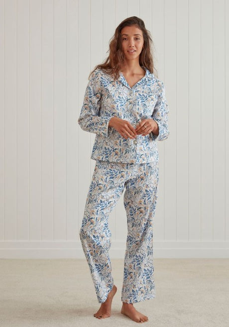 Lightweight Mediterranean patterned classic PJ set by BAKSANA, featuring a long sleeve top and elastic waistband pants.