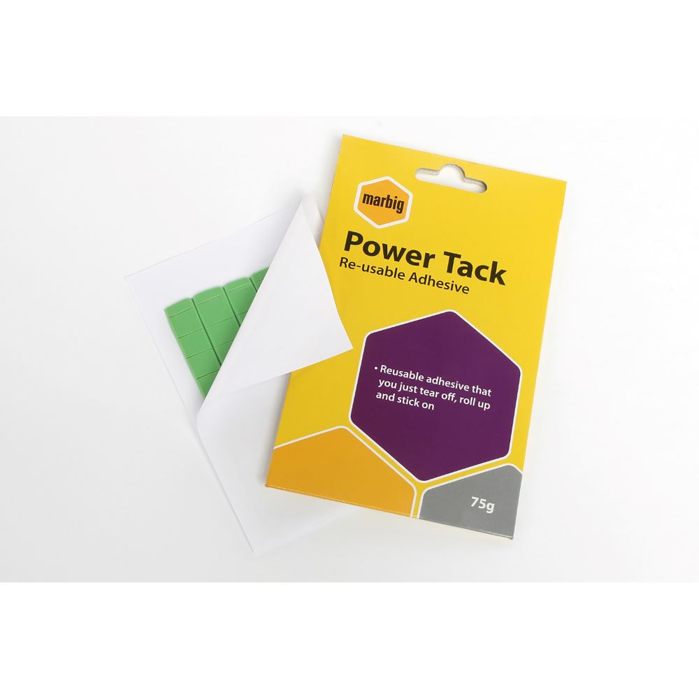 Marbig Power Tack 75gms, a versatile reusable adhesive for securely mounting photos, maps, and decorating without damage.