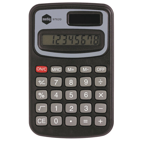 Compact Marbig Pocket Mini Calculator with 8-digit display, solar-powered, ideal for quick calculations on-the-go.