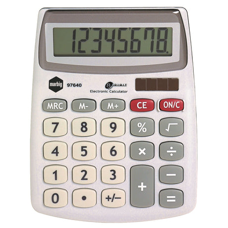 Sleek Marbig Compact Desktop Calculator with large 8-digit display, solar power, and essential math functions.