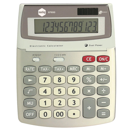 Sleek Marbig 12-Digit GST Calculator, solar-powered with large display and memory functions for easy financial calculations.