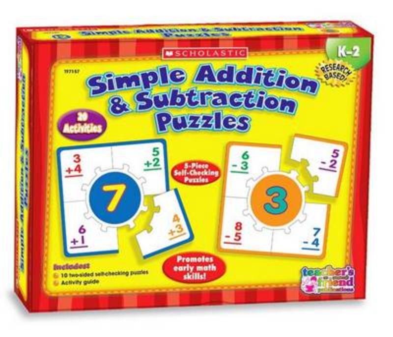 Colorful paperback book featuring puzzles for simple addition and subtraction for young learners.