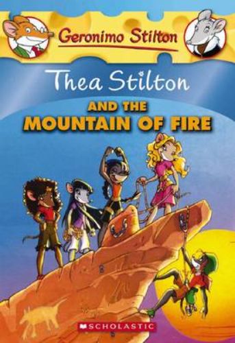 Thea Stilton and the Mountain of Fire book cover featuring the Thea Sisters in a vibrant Australian outback scenery.