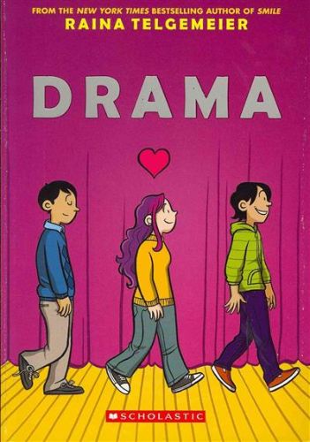 Cover of 'Drama' graphic novel featuring vibrant illustrations of Callie as she designs a theater set, capturing middle school challenges.