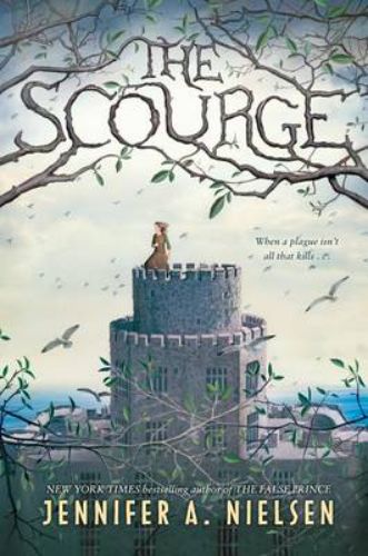 Hardcover book 'Scourge' by Jennifer A. Nielsen, featuring a thrilling tale of survival and intrigue amid a deadly plague.