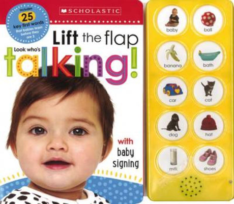 Interactive board book for toddlers featuring flaps, sounds, and baby sign language for essential vocabulary development.