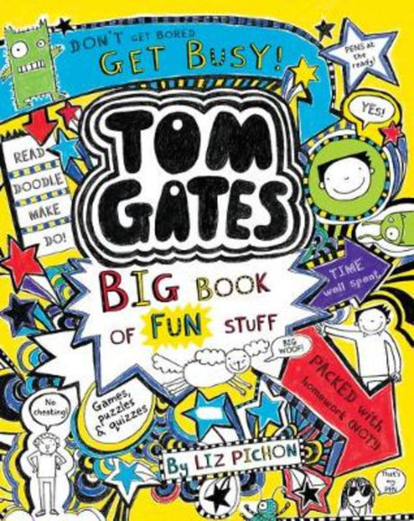 Vibrant activity book for kids featuring drawing guides, games, puzzles, and pranks inspired by Tom Gates.