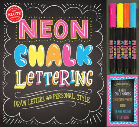 Neon Chalk Lettering kit featuring vibrant markers, pencils, and a 64-page instructional book for creative projects.