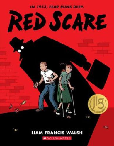 Cover of 'Red Scare: A Graphic Novel' featuring a young girl flying amidst Cold War imagery and vibrant illustrations.