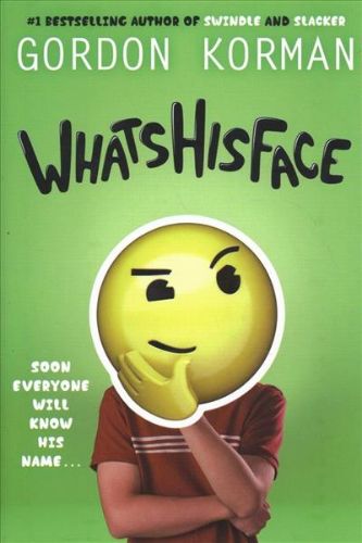 Hardback cover of 'Whatshisface' featuring a boy with a smartphone, blending mystery and technology for young readers.