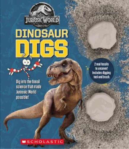 Exciting dinosaur fossil science kit featuring two real fossils, hardback book, and Jurassic World illustrations for young explorers.