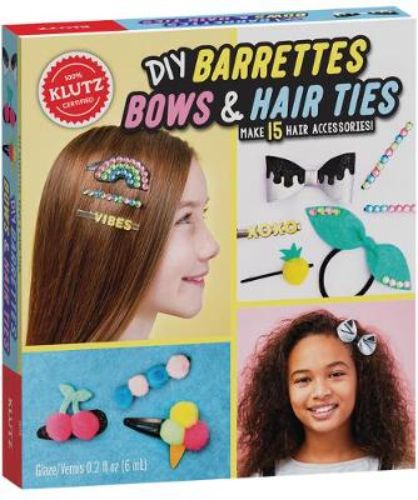 DIY hair accessory kit for kids with materials to create 15 trendy barrettes, bows, and ties, promoting creativity and self-expression.