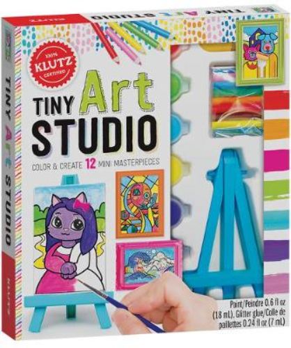 Tiny Art Studio kit featuring real art supplies, instruction book, and wooden easel for creating mini masterpieces at home.