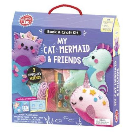 Craft kit for kids to sew plush sea creatures: a cat mermaid, a seahorse, and a narwhal with vibrant materials included.