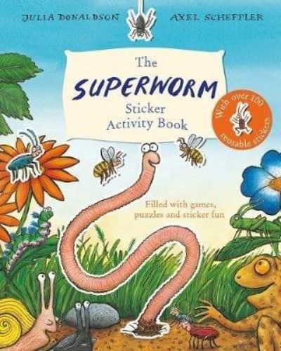 Superworm Sticker Activity Book featuring colorful activities like coloring, puzzles, and stickers for creative fun.