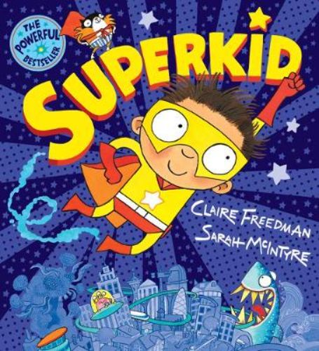 Cover of Superkid, a colorful children's book featuring a brave boy with superpowers on an exciting adventure.