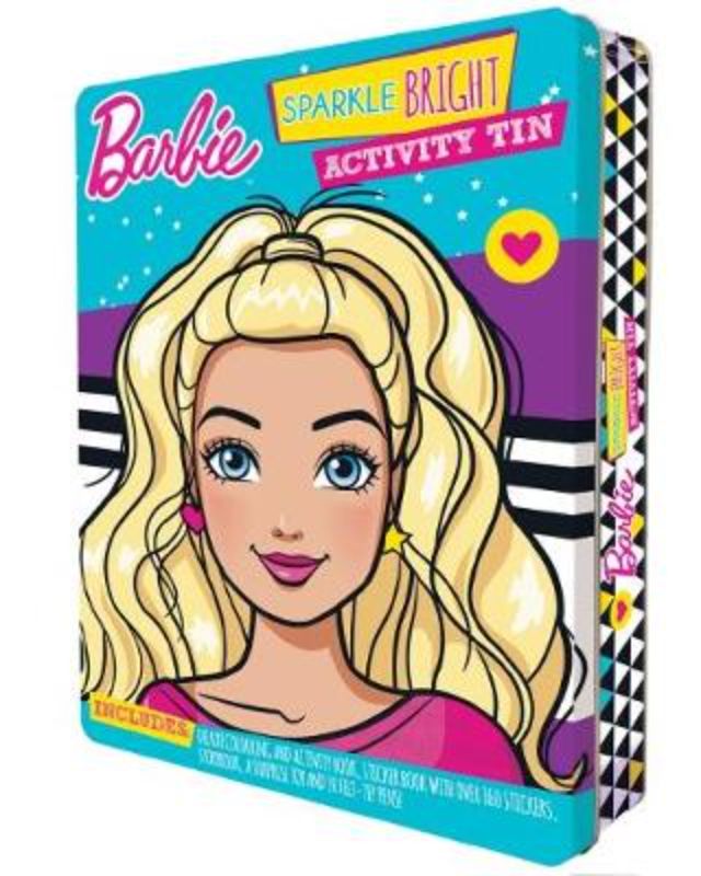 Barbie Sparkle Bright Activity Tin featuring art supplies, storybook, and mini-doll for creative kids' entertainment.