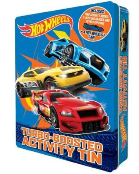 Hot Wheels Track Pack Tin with coloring book, stickers, Level K reader, pens, and die-cut car for creative fun.