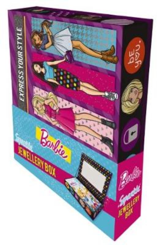 Barbie Sparkle Jewellery Box with mirror, holds treasures, includes 5 storybooks for imaginative adventures.