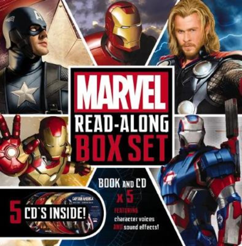 Marvel Read-Along Box Set featuring vibrant illustrations and CDs for exciting storytelling adventures with beloved superheroes.