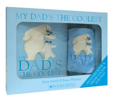 Heartwarming boxed set depicting fun dad-kid moments with charming animal illustrations and a stylish drink cooler.