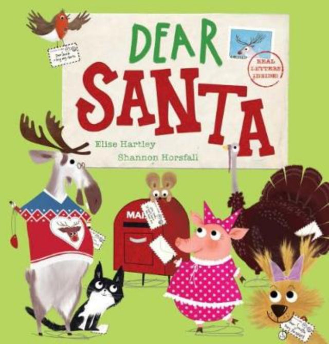 Whimsical hardback picture book 'Dear Santa' featuring colorful illustrations of funny animals sending quirky Christmas letters.