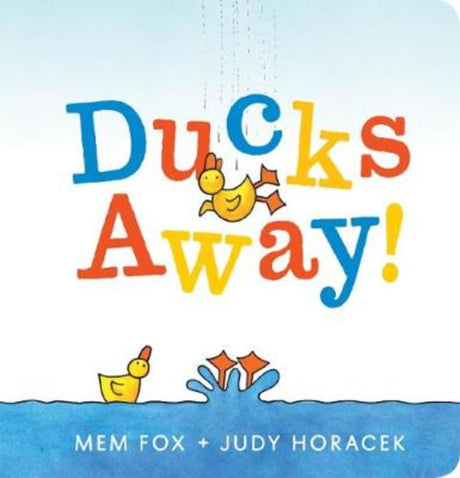 A mother duck and five ducklings embark on a whimsical adventure in the charming board book 'Ducks Away!'.