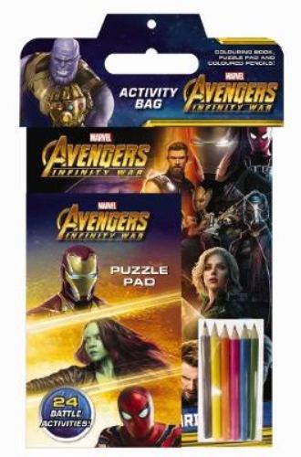 Avengers Infinity War Activity Bag with coloring book, puzzle pad, and six pencils for creative fun and adventures.