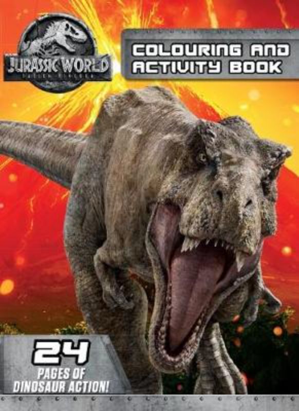 Vibrant Jurassic World: Fallen Kingdom colouring book with 24 pages of dinosaurs, activities, and engaging illustrations for kids.