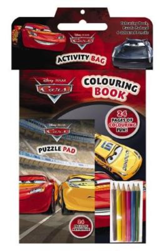 Disney-Pixar Cars activity bag featuring a coloring book, puzzle pad, and six vibrant coloring pencils for creative fun.