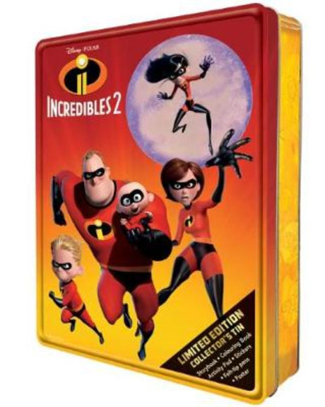 Limited Edition Incredibles 2 Collector's Tin with mini-storybook, activity pad, colouring book, poster, and pencils.