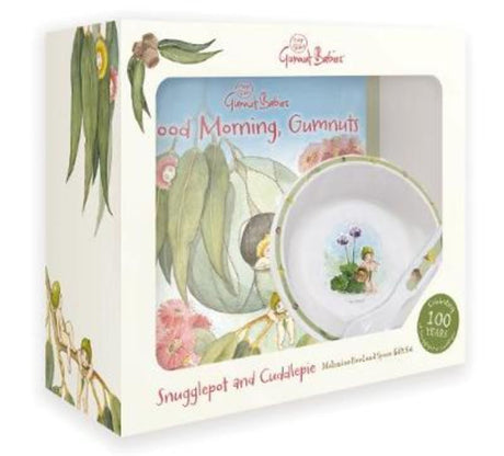 May Gibbs Snugglepot and Cuddlepie bowl and spoon set, featuring charming illustrations for delightful mealtimes.